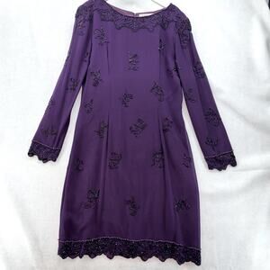 EUC Vintage Niteline Della Roufogali 100% Silk Embroidered Dress Purple size 10